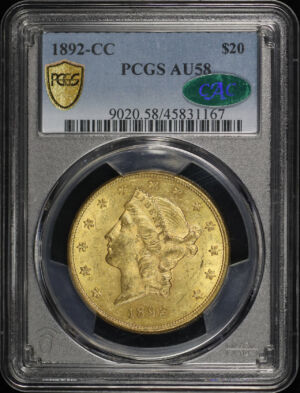 Obverse of this 1892-CC Liberty Head $20 Type 3 PCGS AU-58 CAC