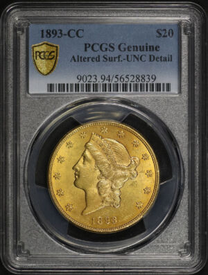 Obverse of this 1893-CC Liberty Head $20 Type 3 PCGS UNC Details Altered Surface