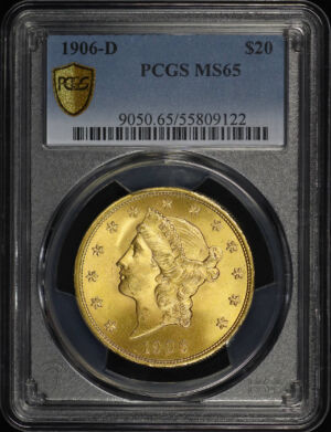 Obverse of this 1906-D Liberty Head $20 Type 3 PCGS MS-65