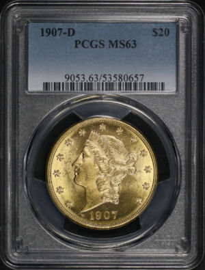 Obverse of this 1907-D Liberty Head $20 Type 3 PCGS MS-63