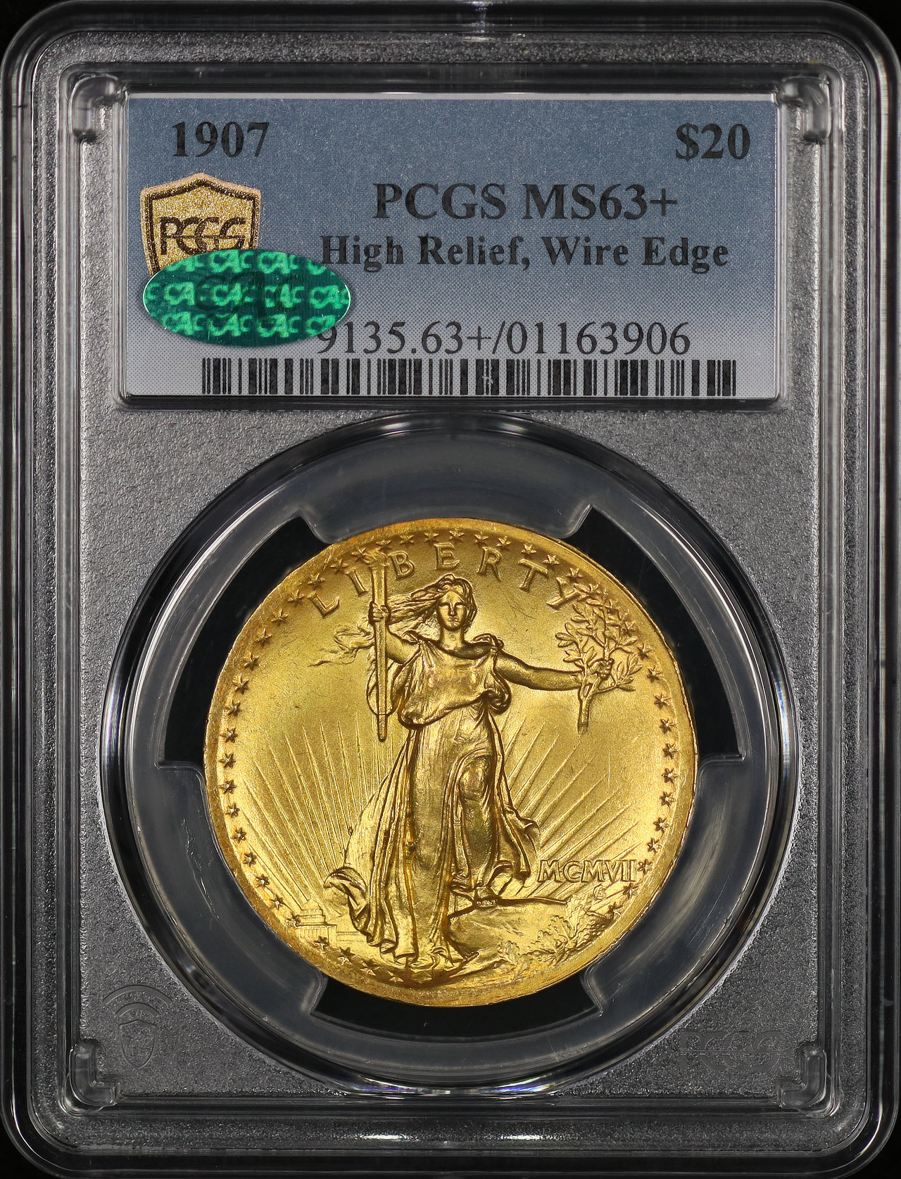Obverse of this 1907 St. Gaudens $20 High Relief, Wire Edge PCGS MS-63+ CAC