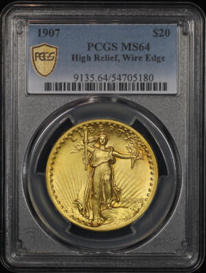 Obverse of this 1907 St. Gaudens $20 High Relief, Wire Edge PCGS MS-64