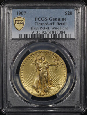 Obverse of this 1907 St. Gaudens $20 High Relief, Wire Edge PCGS AU Details Cleaned