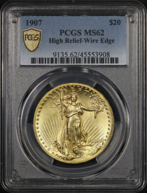 Obverse of this 1907 St. Gaudens $20 High Relief, Wire Edge PCGS MS-62