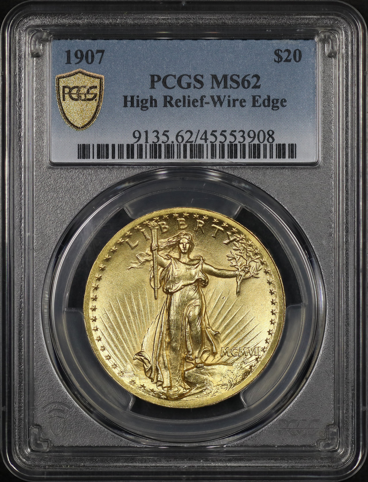Obverse of this 1907 St. Gaudens $20 High Relief, Wire Edge PCGS MS-62