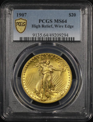 Obverse of this 1907 St. Gaudens $20 High Relief, Wire Edge PCGS MS-64