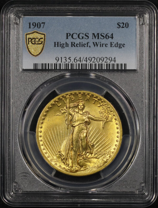 Obverse of this 1907 St. Gaudens $20 High Relief, Wire Edge PCGS MS-64