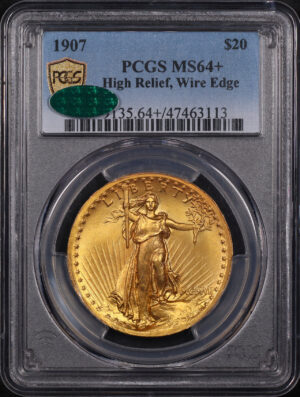 Obverse of this 1907 St. Gaudens $20 High Relief, Wire Edge PCGS MS-64+ CAC