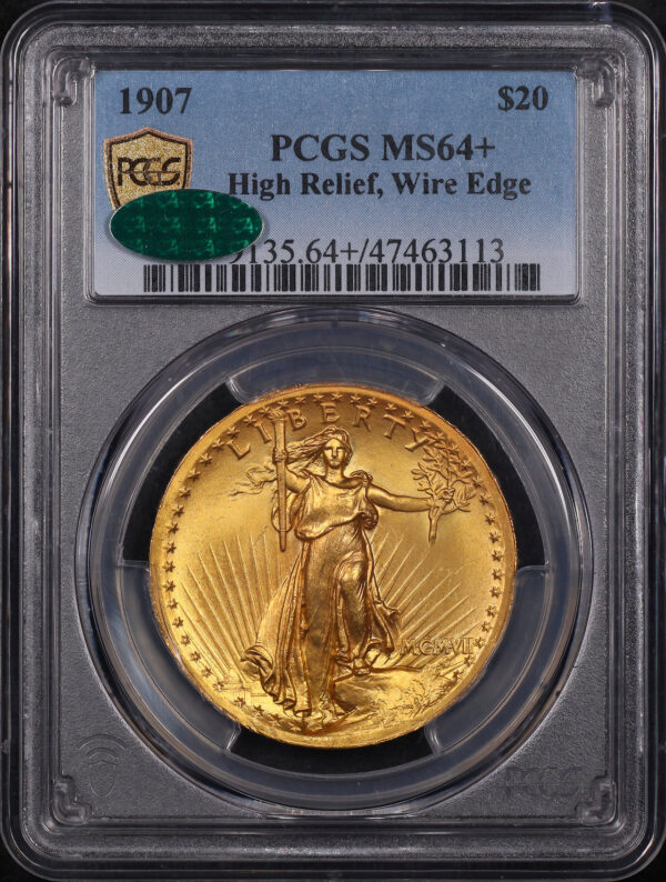 Obverse of this 1907 St. Gaudens $20 High Relief, Wire Edge PCGS MS-64+ CAC