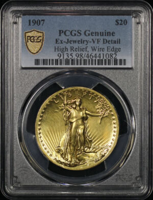 Obverse of this 1907 St. Gaudens $20 High Relief, Wire Edge PCGS VF Details Ex-Jewelry