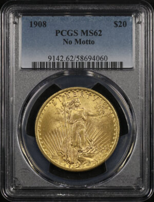 Obverse of this 1908 St. Gaudens $20 No Motto PCGS MS-62
