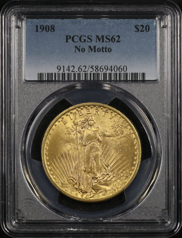 Obverse of this 1908 St. Gaudens $20 No Motto PCGS MS-62