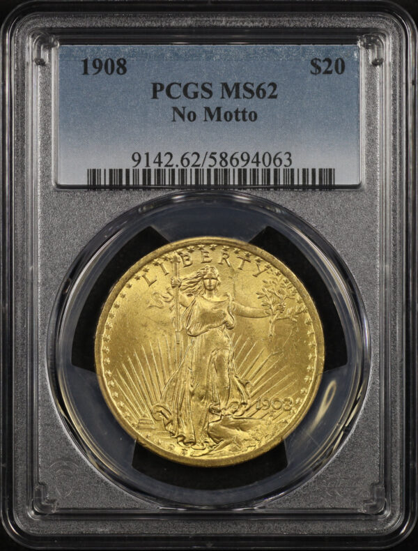 Obverse of this 1908 St. Gaudens $20 No Motto PCGS MS-62