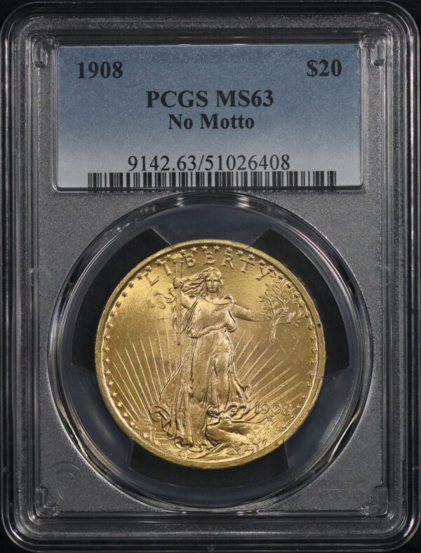 Obverse of this 1908 St. Gaudens $20 No Motto PCGS MS-63