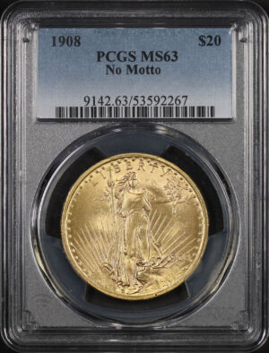 Obverse of this 1908 St. Gaudens $20 No Motto PCGS MS-63