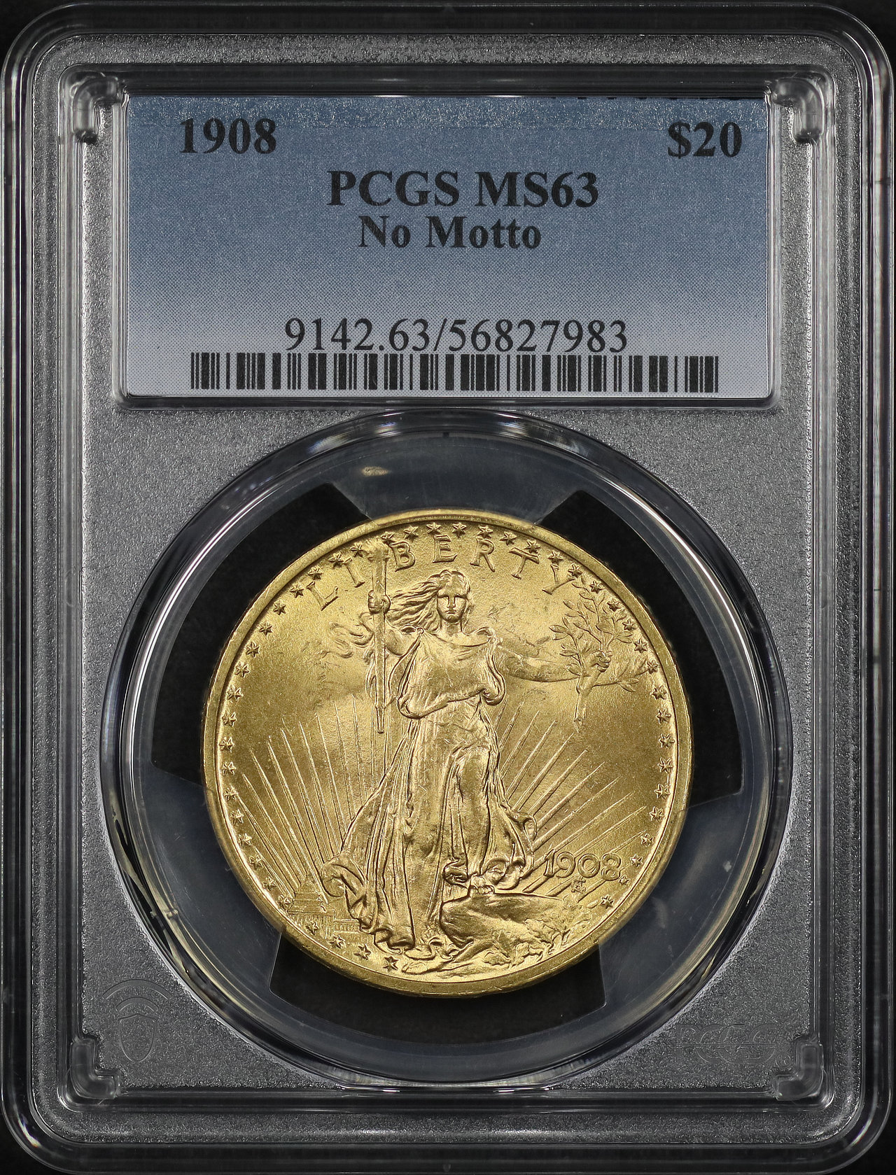 Obverse of this 1908 St. Gaudens $20 No Motto PCGS MS-63