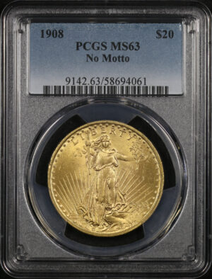 Obverse of this 1908 St. Gaudens $20 No Motto PCGS MS-63