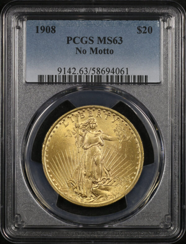 Obverse of this 1908 St. Gaudens $20 No Motto PCGS MS-63