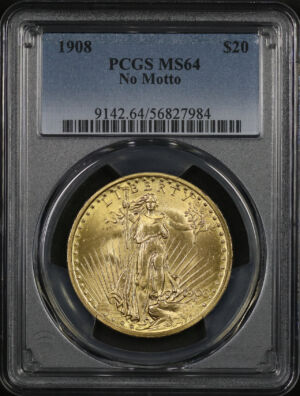 Obverse of this 1908 St. Gaudens $20 No Motto PCGS MS-64