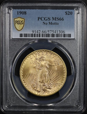 Obverse of this 1908 St. Gaudens $20 No Motto PCGS MS-66