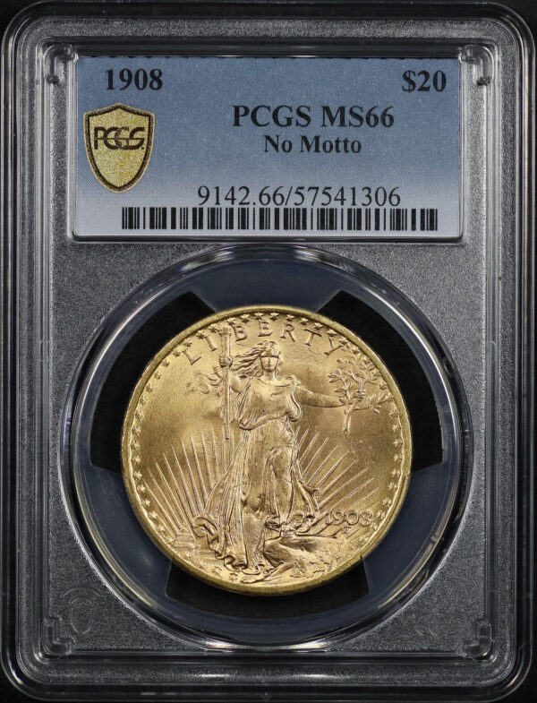 Obverse of this 1908 St. Gaudens $20 No Motto PCGS MS-66