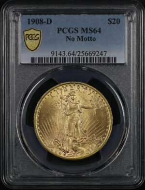 Obverse of this 1908-D St. Gaudens $20 No Motto PCGS MS-64