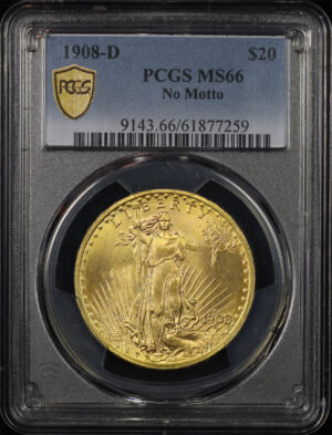 Obverse of this 1908-D St. Gaudens $20 No Motto PCGS MS-66