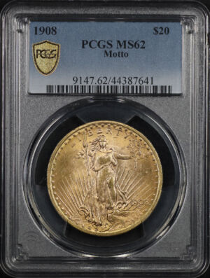 Obverse of this 1908 St. Gaudens $20 Motto PCGS MS-62