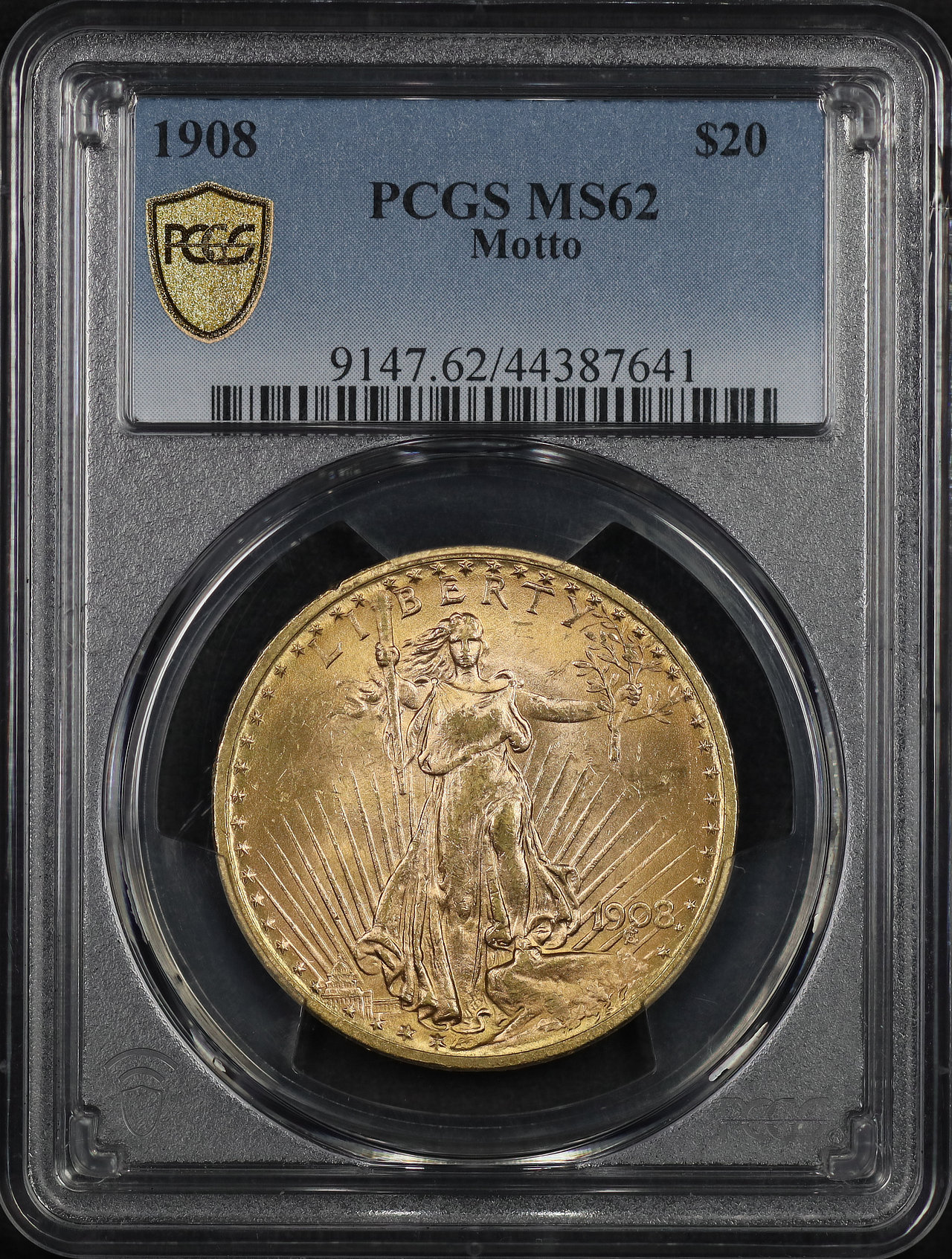 Obverse of this 1908 St. Gaudens $20 Motto PCGS MS-62
