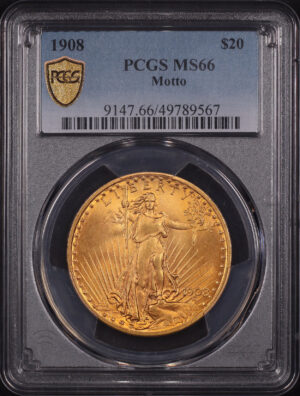 Obverse of this 1908 St. Gaudens $20 Motto PCGS MS-66