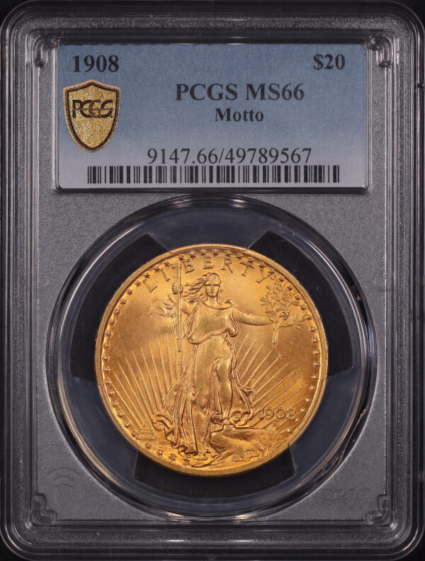 Obverse of this 1908 St. Gaudens $20 Motto PCGS MS-66