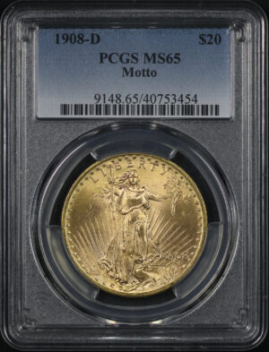 Obverse of this 1908-D St. Gaudens $20 Motto PCGS MS-65