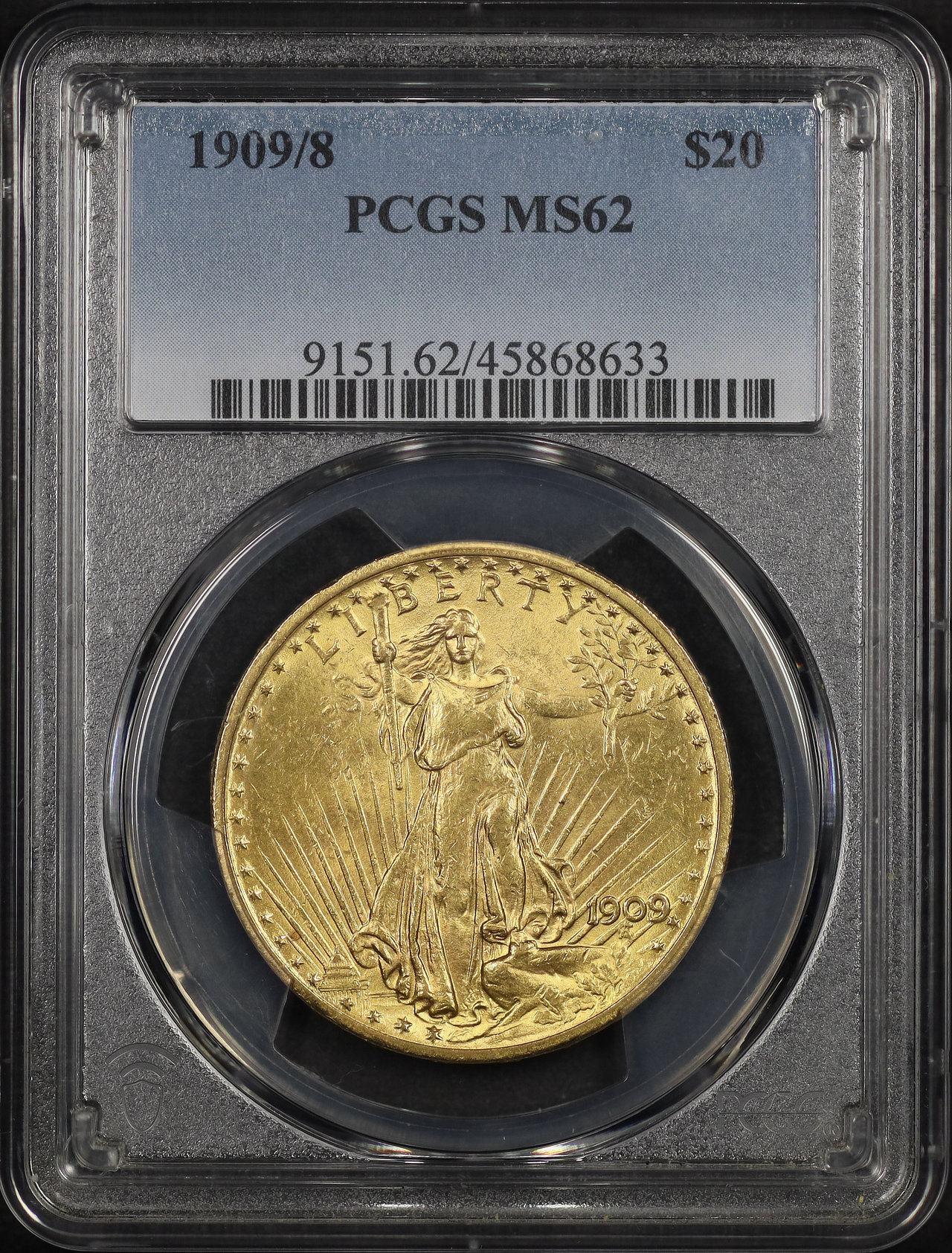 Obverse of this 1909/8 St. Gaudens $20 PCGS MS-62