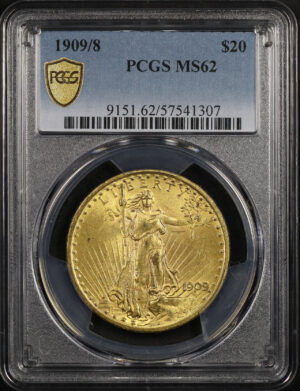 Obverse of this 1909/8 St. Gaudens $20 PCGS MS-62