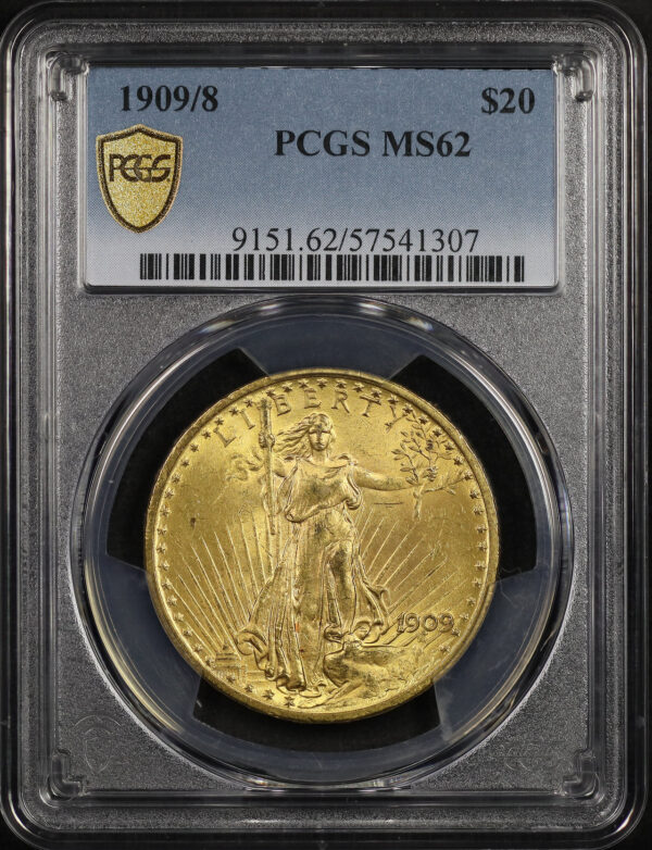Obverse of this 1909/8 St. Gaudens $20 PCGS MS-62