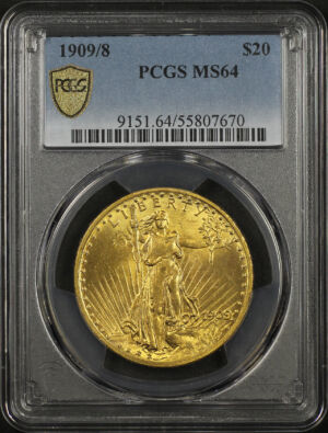 Obverse of this 1909/8 St. Gaudens $20 PCGS MS-64