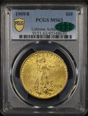 Obverse of this 1909/8 St. Gaudens $20 PCGS MS-63 CAC Lifetime Achiever