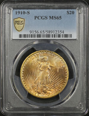 Obverse of this 1910-S St. Gaudens $20 PCGS MS-65