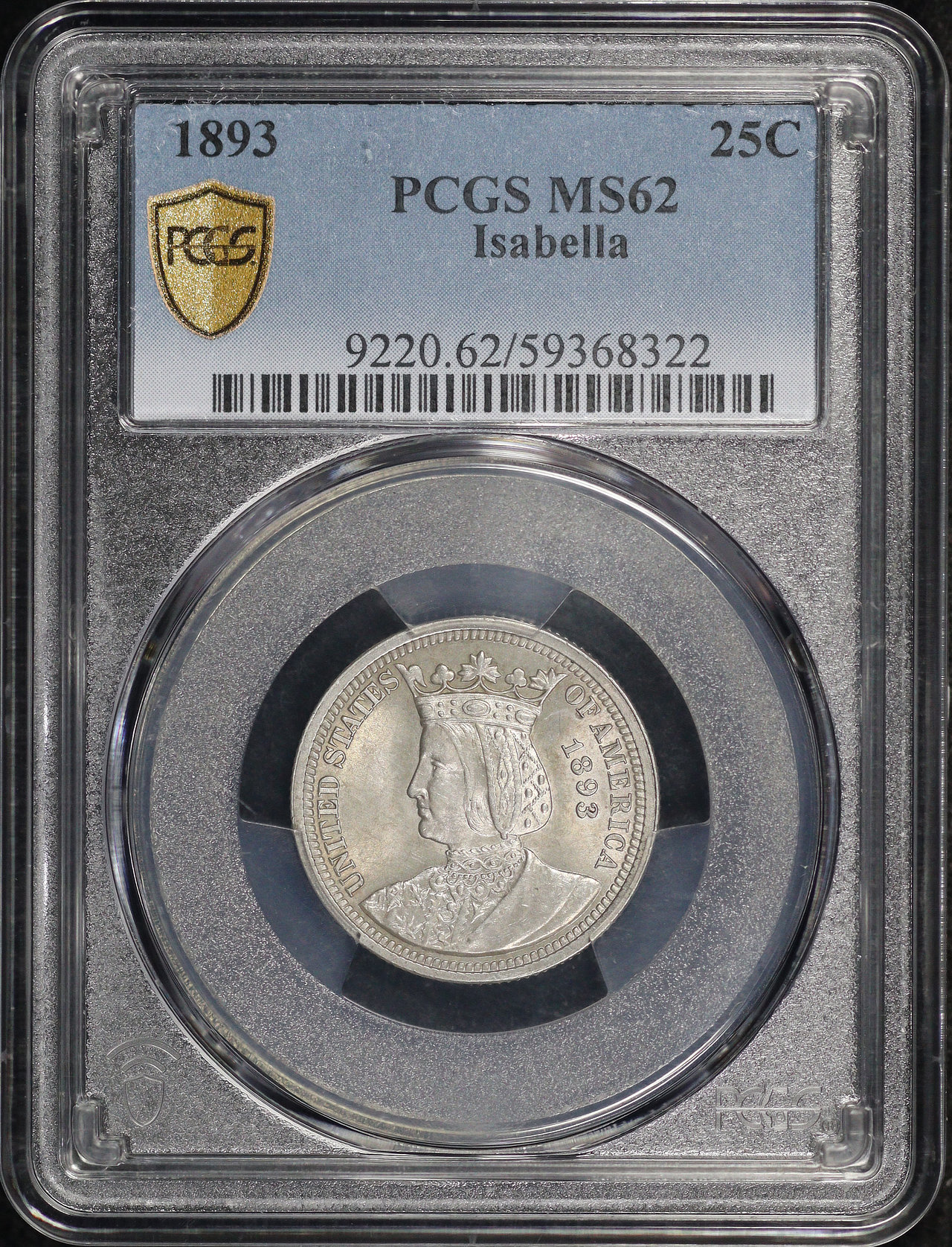 Obverse of this 1893 25C Isabella Silver Commemorative PCGS MS-62