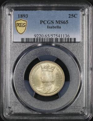 Obverse of this 1893 25C Isabella Silver Commemorative PCGS MS-65