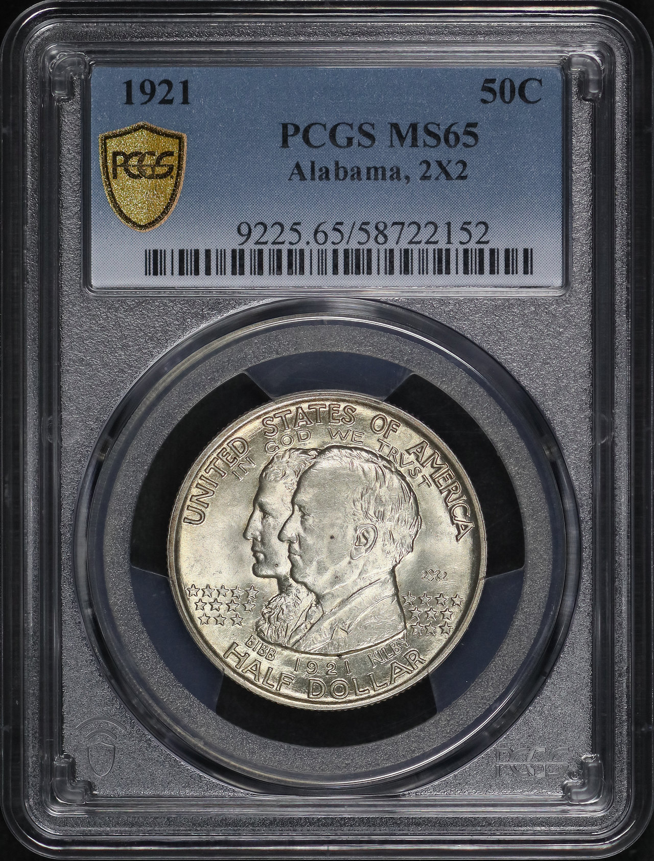 Obverse of this 1921 50C Alabama 2X2 Silver Commemorative PCGS MS-65
