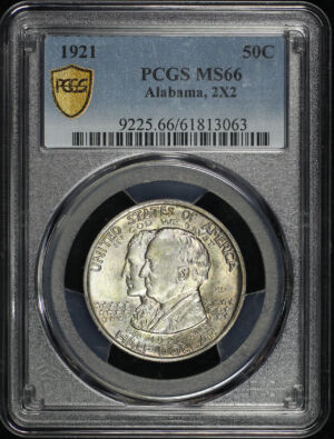 Obverse of this 1921 50C Alabama, 2X2 Silver Commemorative PCGS MS-66