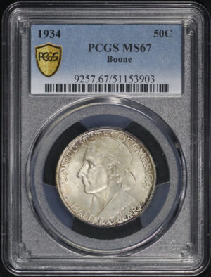 Obverse of this 1934 50C Boone Silver Commemorative PCGS MS-67