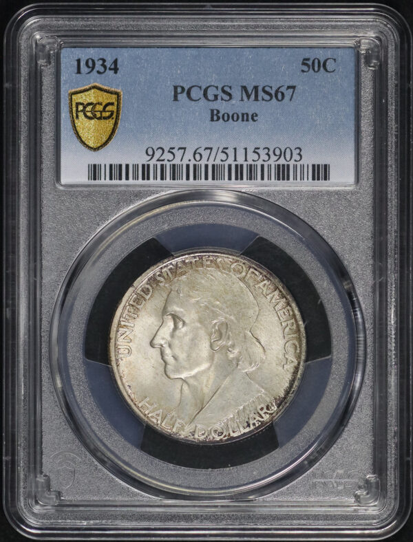 Obverse of this 1934 50C Boone Silver Commemorative PCGS MS-67