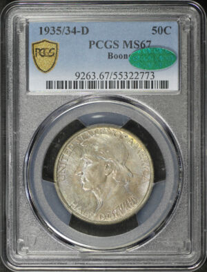 Obverse of this 1935-D Silver Commemorative Boone 50C PCGS MS-67 CAC