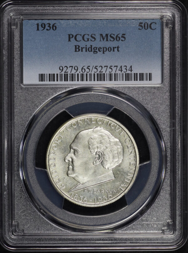 Obverse of this 1936 50C Bridgeport Silver Commemorative PCGS MS-65