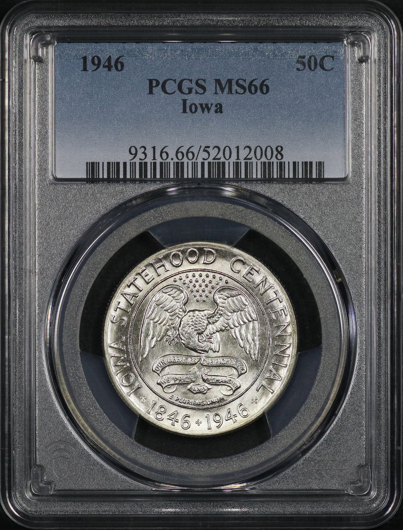 Obverse of this 1946 50C Iowa Silver Commemorative PCGS MS-66