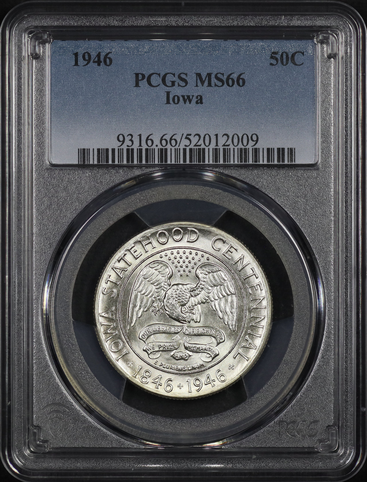 Obverse of this 1946 50C Iowa Silver Commemorative PCGS MS-66