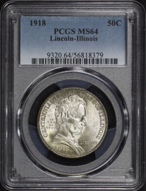 Obverse of this 1918 50C Lincoln-Illinois Silver Commemorative PCGS MS-64