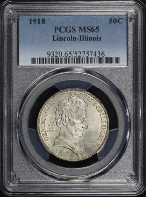 Obverse of this 1918 50C Lincoln-Illinois Silver Commemorative PCGS MS-65